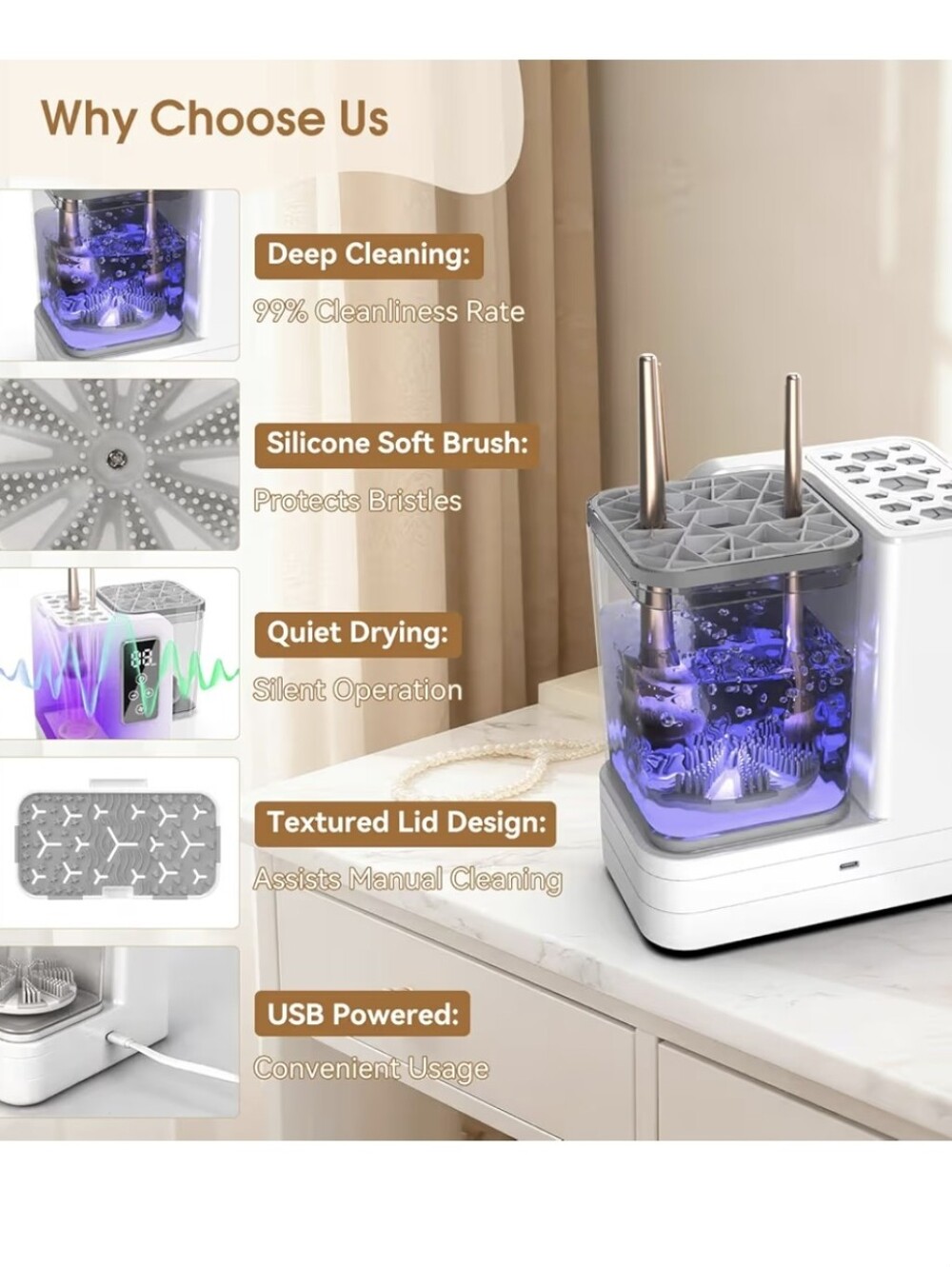 OctHope 5-in-1 Electric Makeup Brush Cleaner & Dryer, White, Open Box